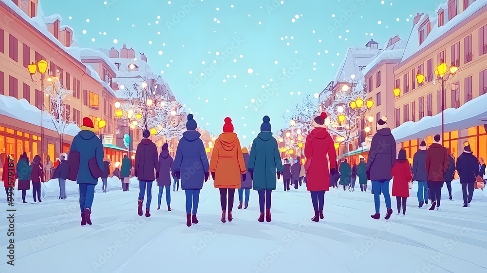 Obraz premium Family bundled up in winter clothes walking through a snowy town square with Christmas lights, cartoon vector style