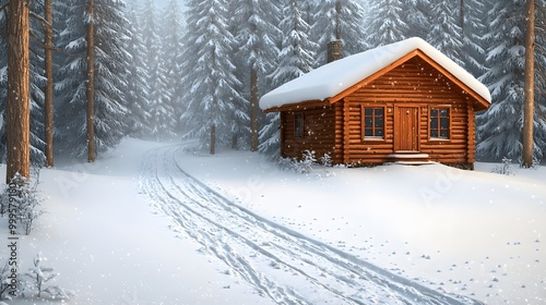 Snow-covered cottage in the woods with a trail of footsteps leading to the door, cartoon vector style