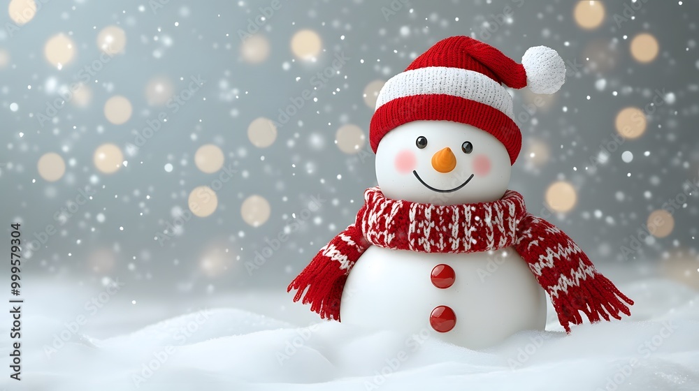 Snowman and children having fun in a snow-covered yard with holiday lights in the background, cartoon vector style