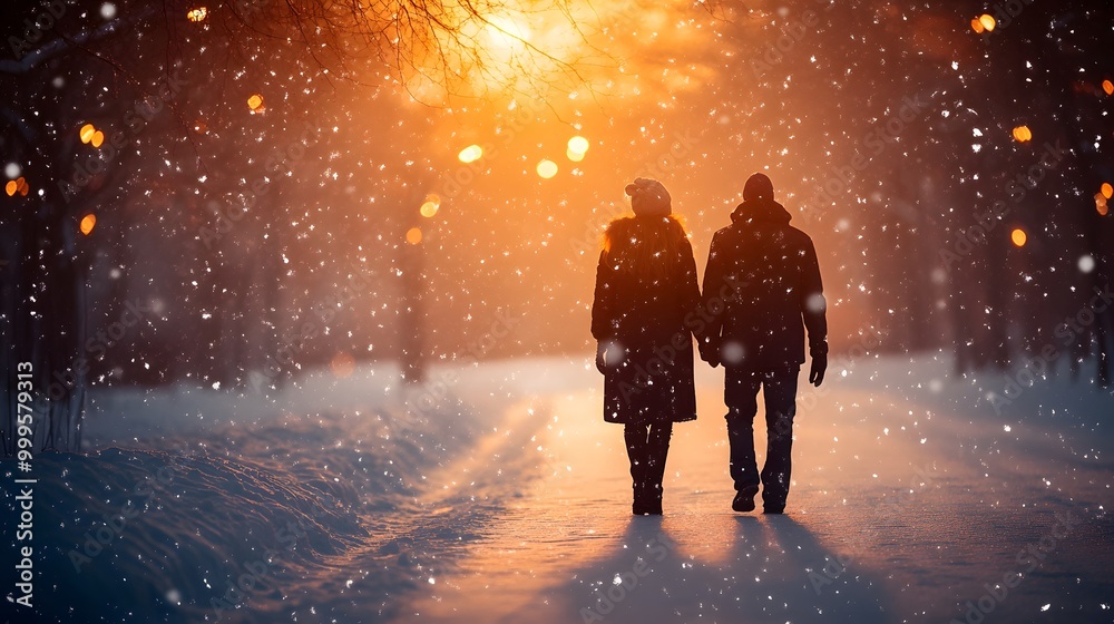 Couple taking a romantic stroll through a snow-covered park at night, under holiday lights, cartoon vector style Couple taking a romantic stroll through a snow-covered park at night, under holiday lights, cartoon vector style