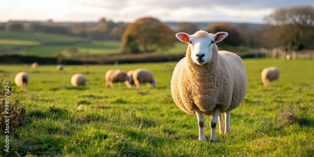 Fototapeta premium Romney sheep grazing in a field in the Cumbrian uplands, sharing the space with native wildlife