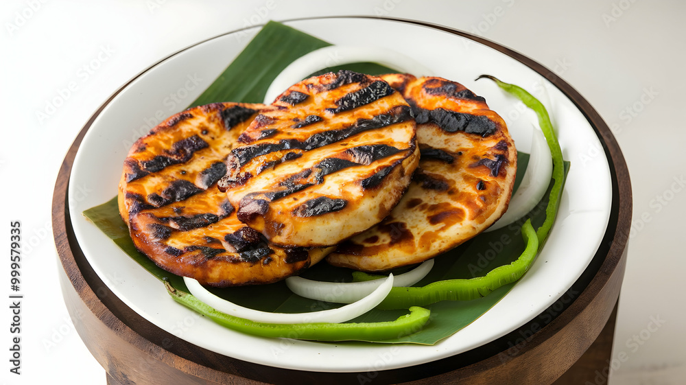 A photo of paneer tikka, an Indian street food white background A photo of paneer tikka, an Indian street food white background