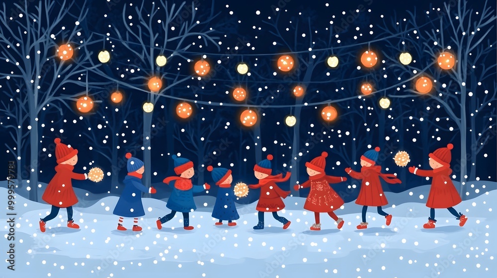 Children playing with snowballs in a snow-covered playground, surrounded by holiday decorations, cartoon vector style Children playing with snowballs in a snow-covered playground, surrounded by holiday decorations, cartoon vector style