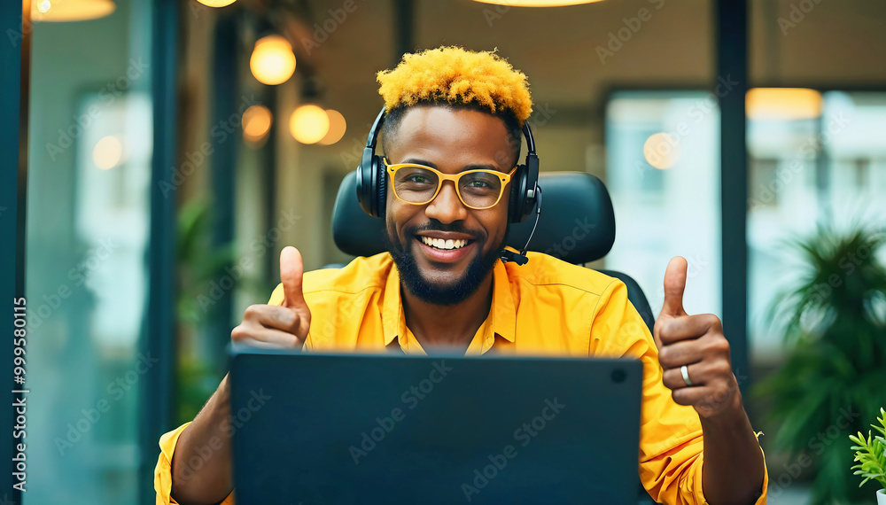 Portrait of handsome elegant, alternative black businessman with yellow afro hairstyle, working in office with smile, , thumbs up gesture, business people