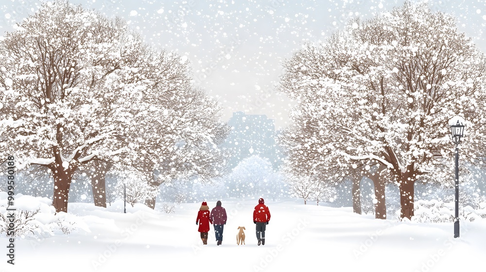 Couple walking their dog through a snow-covered park with holiday lights glowing, cartoon vector style