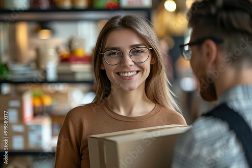 Woman wearing eyeglasses smiling happily as she receives a parcel from the delivery man.