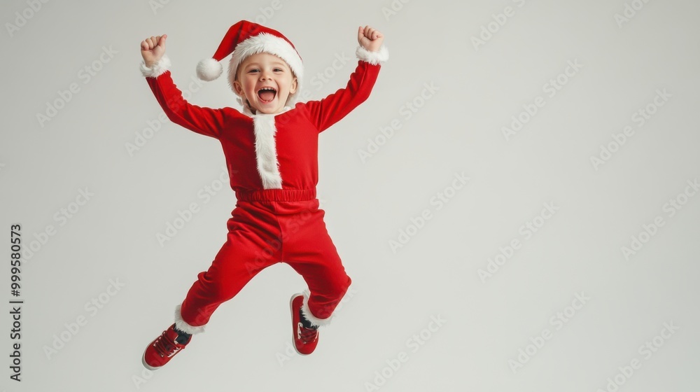 Happy child in a Santa costume Jumping happily Happy child in a Santa costume Jumping happily