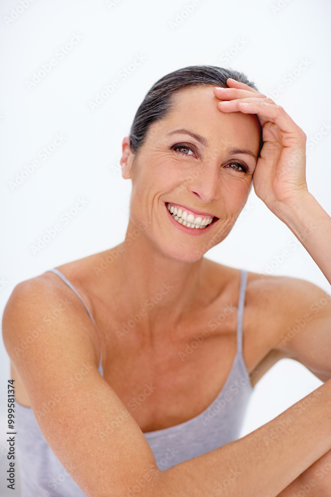 Mature woman, portrait and skincare in studio with smile, positivity or natural beauty. Dermatology, happy or person on white background with clear skin, makeup or aging with confidence for aesthetic Mature woman, portrait and skincare in studio with smile, positivity or natural beauty. Dermatology, happy or person on white background with clear skin, makeup or aging with confidence for aesthetic