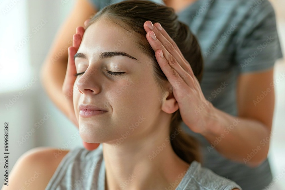 Fototapeta premium The beautiful woman is receiving a massage therapy for her various bodily aches, including her neck, shoulder, elbow, stomach, knee, and back.