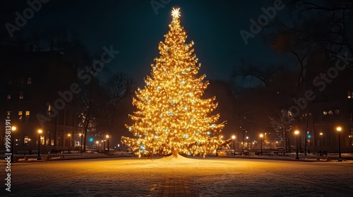 A beautifully illuminated Christmas tree standing tall in a winter wonderland, surrounded by glowing lamps and a snowy landscape.