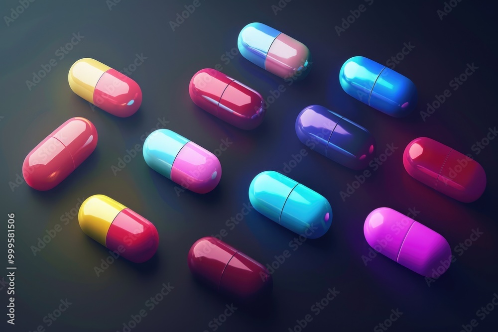 A collection of colorful pills arranged on a dark background, suitable for use in medical or pharmaceutical contexts A collection of colorful pills arranged on a dark background, suitable for use in medical or pharmaceutical contexts