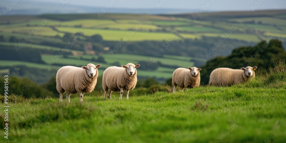 A vibrant photograph of Romney sheep grazing on a managed upland grassland in Cumbria A vibrant photograph of Romney sheep grazing on a managed upland grassland in Cumbria