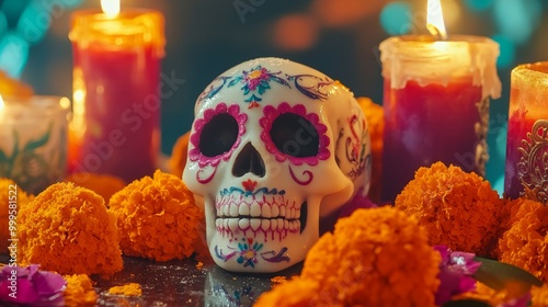 Day of the dead Dia De Los Muertos Celebration Background With sugar Skull calaverita marigolds or cempasuchil flowers and candles. Traditional Mexican culture photo