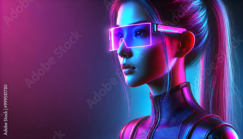 Futuristic Woman Wearing Neon AR Glasses in a Cyberpunk Virtual Reality World