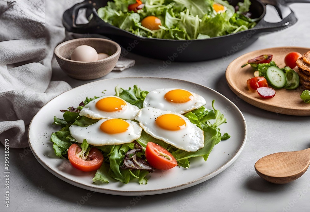 Green salad on a white plate with 4 fried eggs Green salad on a white plate with 4 fried eggs