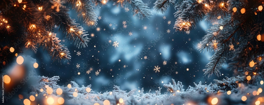 A serene winter scene with snowflakes falling amidst illuminated fir branches, creating a magical holiday atmosphere. A serene winter scene with snowflakes falling amidst illuminated fir branches, creating a magical holiday atmosphere.