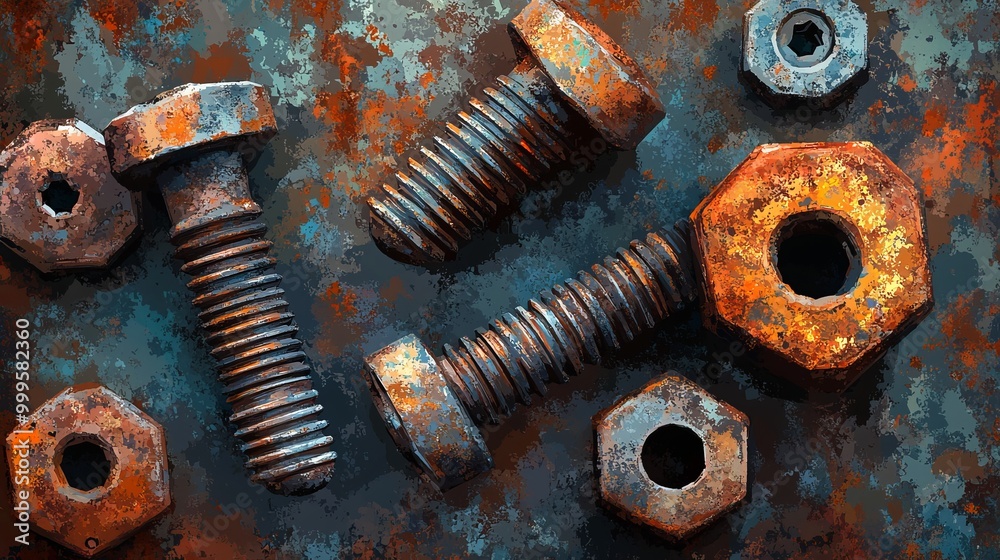 Old, rusty bolts and nuts showcasing a metal rust texture. The illustration features both hexagon and round shapes, depicted in vector graphics with a focus on the aged appearance. Old, rusty bolts and nuts showcasing a metal rust texture. The illustration features both hexagon and round shapes, depicted in vector graphics with a focus on the aged appearance.