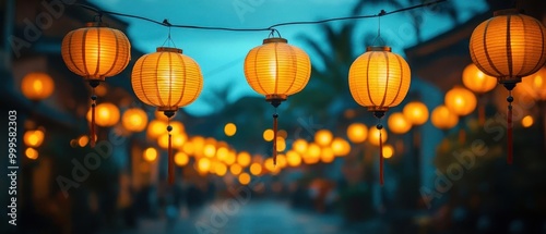 A vibrant scene featuring glowing lanterns illuminating a serene evening atmosphere, perfect for celebrating culture and tradition. photo