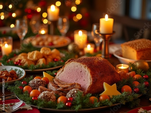 Cozy indoor dining room. Festive table set for holiday feast. Roast ham centerpiece surrounded by side dishes. Warm candlelight illuminates scene. 