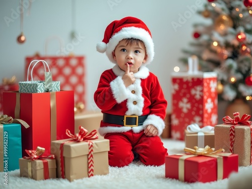 Festive living room with Christmas tree, wrapped gifts, and decorated wall. Toddler in red Santa outfit sits on floor, surrounded by colorful presents. Bright, warm lighting creates cozy atmosphere.	