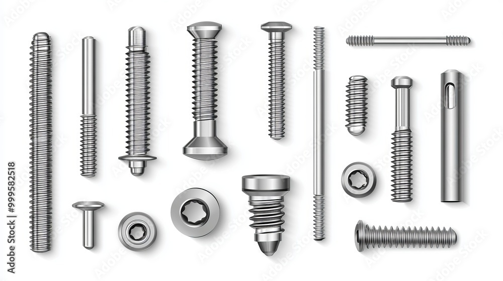Realistic metal bolts and screws, complete with nuts, presented as a 3D assortment of hardware. The set includes top and side views of various types of steel nails, designed for building 