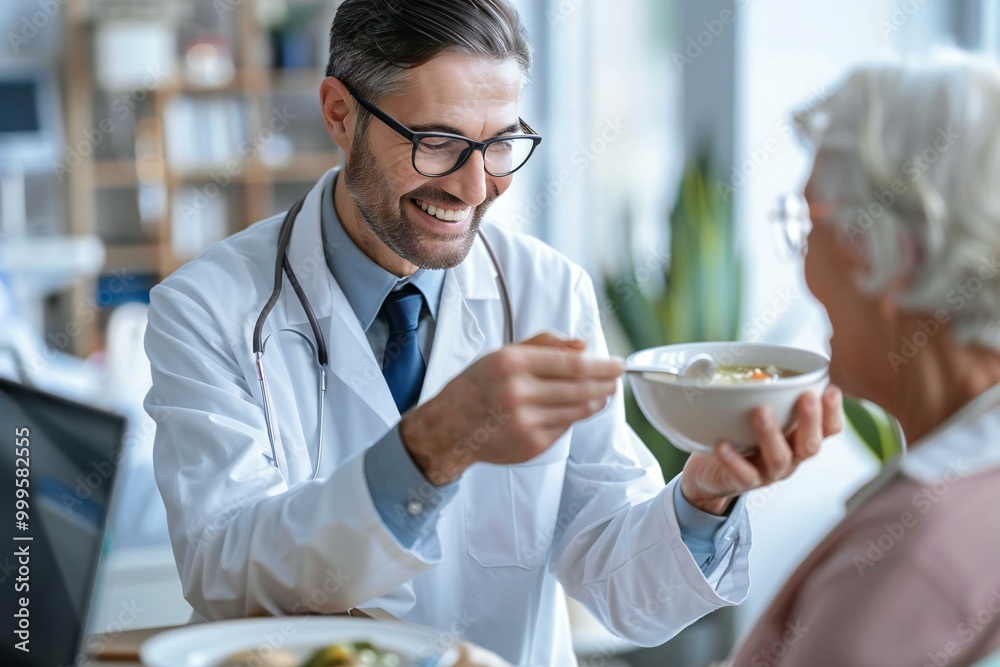 Smiling doctor with eyeglasses feeding soup to beautiful elderly patient in hospital. Smiling doctor with eyeglasses feeding soup to beautiful elderly patient in hospital.