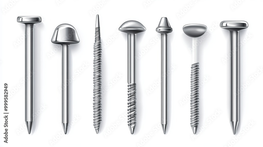 An isolated set of nails hammered into a wall, displayed on a white background. This collection includes steel or silver pin heads, featuring both straight and bent metal hardware.