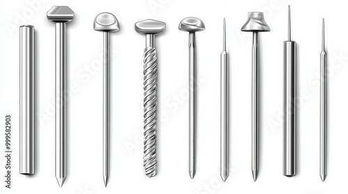 An isolated set of nails hammered into a wall, displayed on a white background. This collection includes steel or silver pin heads, featuring both straight and bent metal hardware. photo