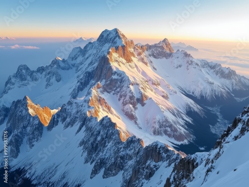 Towering snow-covered mountain peak bathed in golden morning light. Rugged rocky ridges and steep slopes covered in pristine white snow. Surrounding peaks fade into misty blue distance. 
