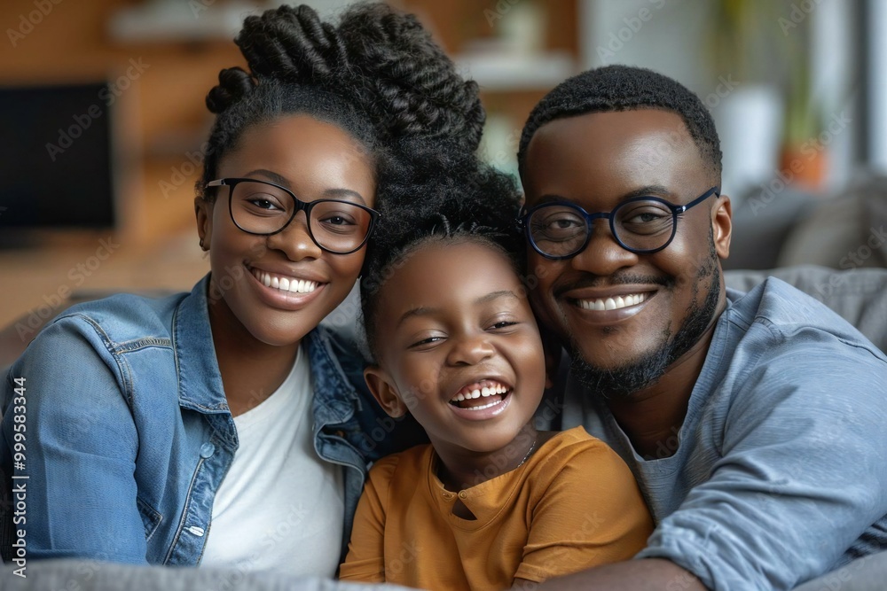 Smiling couple, both wearing eyeglasses, sitting on sofa with their beautiful daughter, laughing and watching television at home. Smiling couple, both wearing eyeglasses, sitting on sofa with their beautiful daughter, laughing and watching television at home.