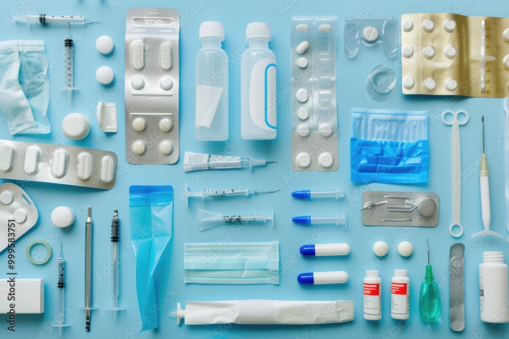 Medical equipment and supplies arranged on a blue background Medical equipment and supplies arranged on a blue background