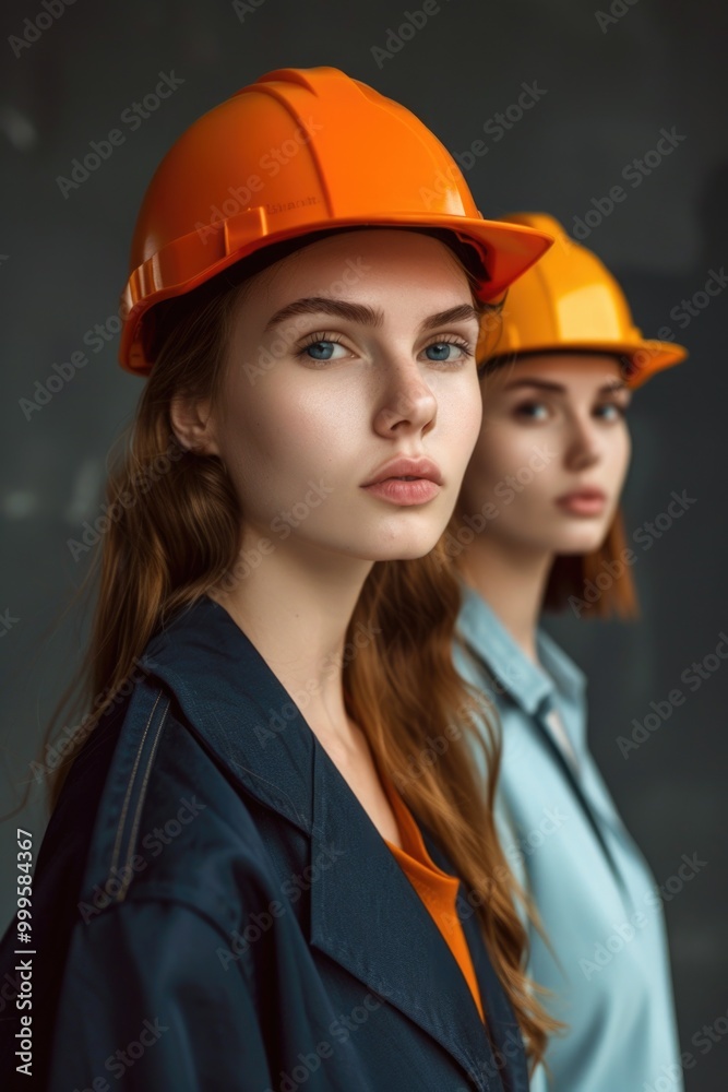 Two workers in bright yellow hard hats and safety vests stand together on a construction site Two workers in bright yellow hard hats and safety vests stand together on a construction site