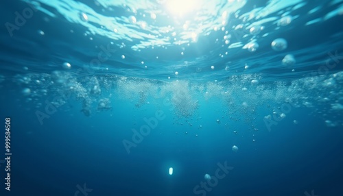 A stunning underwater view in the deep ocean, with bubbles rising towards the surface and sunlight filtering through the water, creating a peaceful and serene atmosphere.