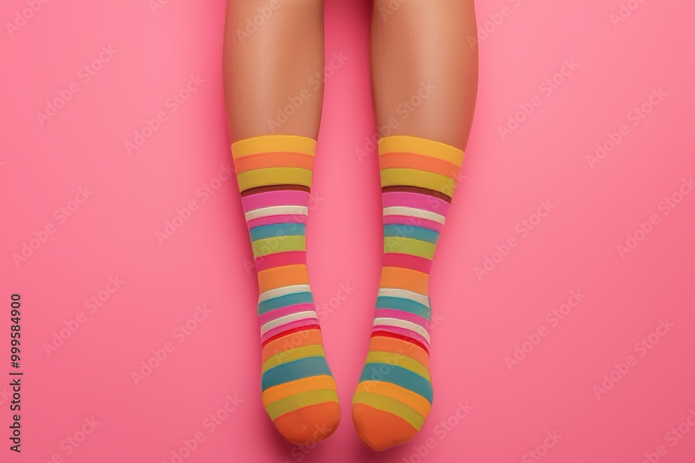 Playful photography of women s legs in whimsical socks against a vibrant pink backdrop Playful photography of women s legs in whimsical socks against a vibrant pink backdrop