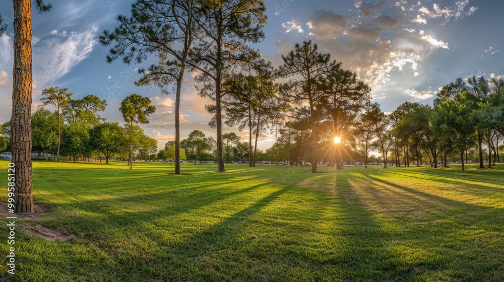 A serene scene of sunset behind trees in a park, perfect for nature and outdoor themed projects A serene scene of sunset behind trees in a park, perfect for nature and outdoor themed projects
