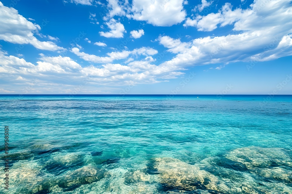 Sea water contrasts with the blue sky. Generative AI. Sea water contrasts with the blue sky. Generative AI.