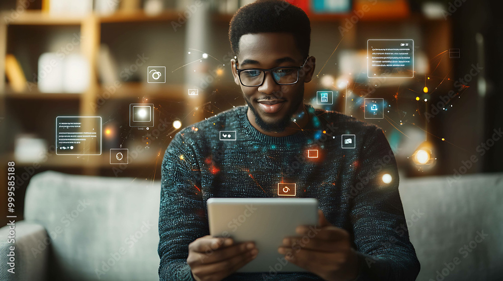 A man wearing glasses sits on a couch using a tablet, while futuristic icons float around him. A man wearing glasses sits on a couch using a tablet, while futuristic icons float around him.