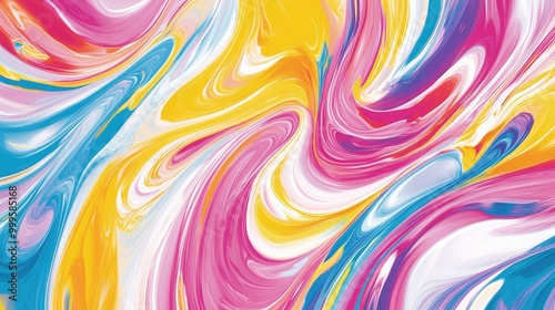 Happy swirling trails of bold, cheerful hues form a dynamic abstract pattern on a white background, evoking joy and lightheartedness