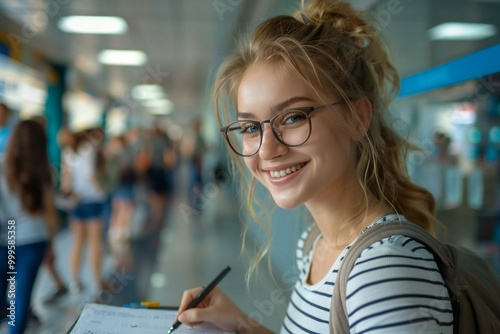 Beautiful woman with eyeglasses smiling and filling out a form.