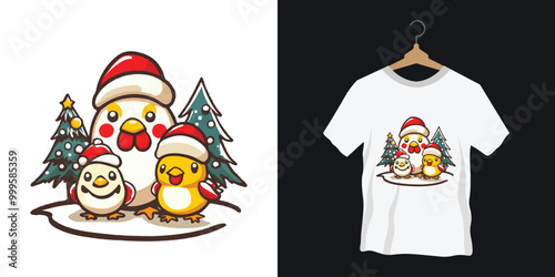 Christmas t-shirt design with funny cartoon  chicken family