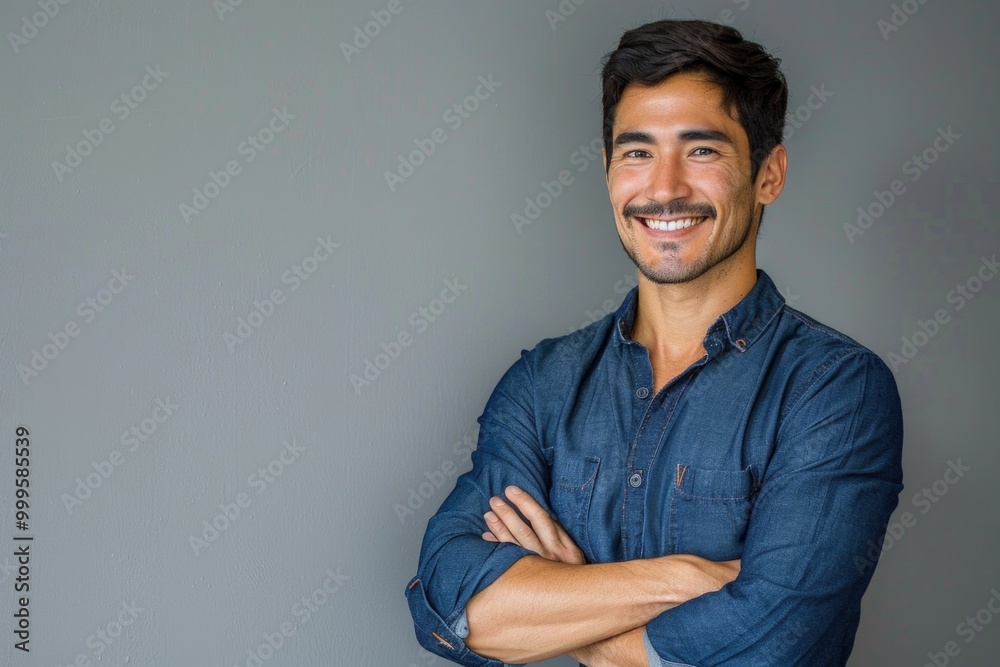 A man standing with arms crossed, posing in front of a gray wall A man standing with arms crossed, posing in front of a gray wall