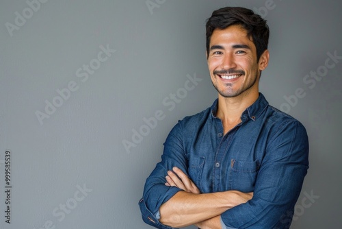 A man standing with arms crossed, posing in front of a gray wall