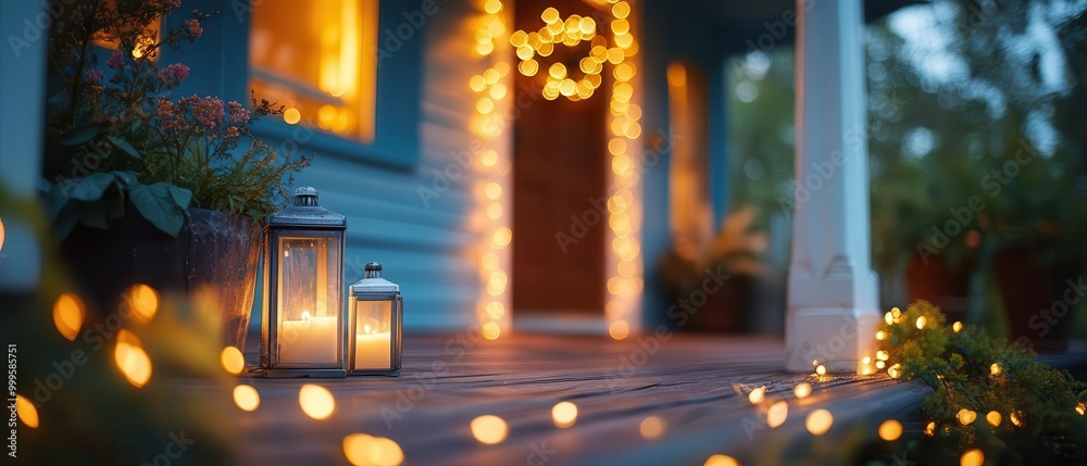 A cozy porch illuminated by warm lights, creating a welcoming atmosphere for guests and adding charm to the home. A cozy porch illuminated by warm lights, creating a welcoming atmosphere for guests and adding charm to the home.