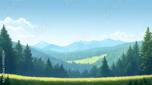 A tranquil digital illustration of a mountain range with a meadow in the foreground.