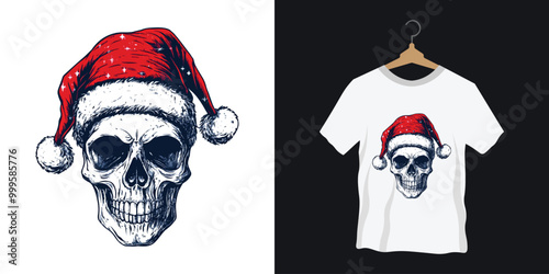 Christmas t-shirt design with skull wearing santa hut