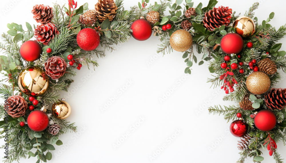 Christmas garland border made of ornaments, pine cones and fir branches on white background Christmas garland border made of ornaments, pine cones and fir branches on white background