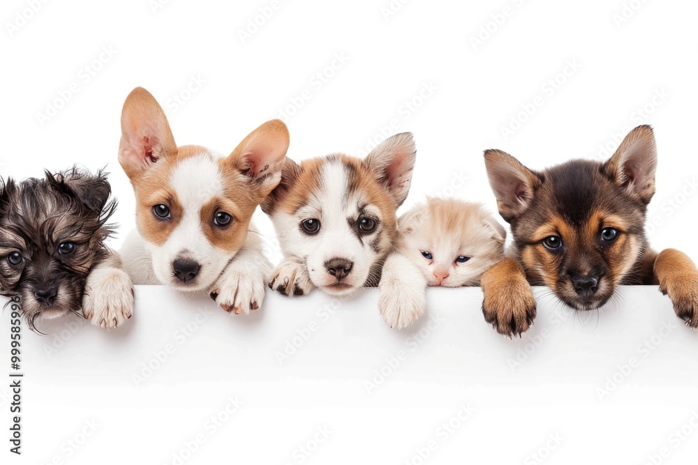 A group of curious puppies gathered around a sign, inspecting its contents A group of curious puppies gathered around a sign, inspecting its contents