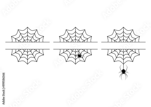 Set de banner horizontal con tela de araña y araña colgando para felicitaciones y tarjetas de Halloween