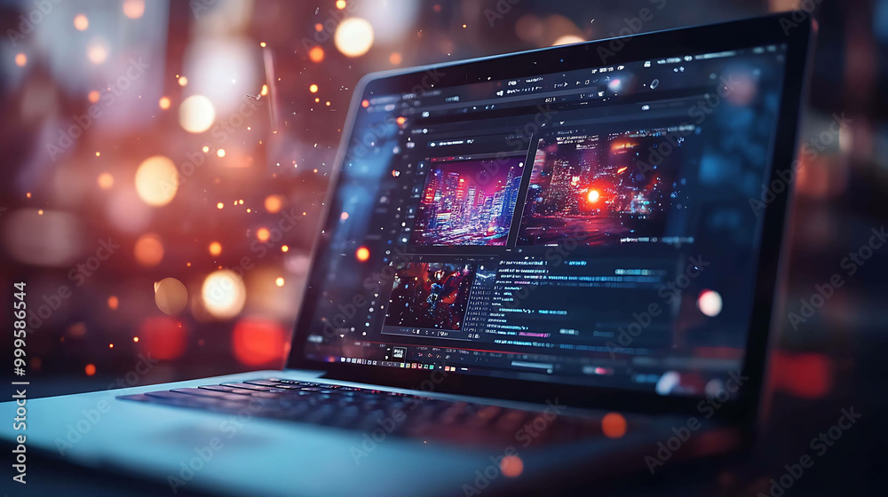 Laptop with a city lights image on screen, surrounded by colorful bokeh lights.