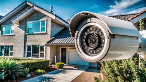 Close-up view of a modern home security camera monitoring vigilantly, showing details of advanced technology and vigilance around the area, photo